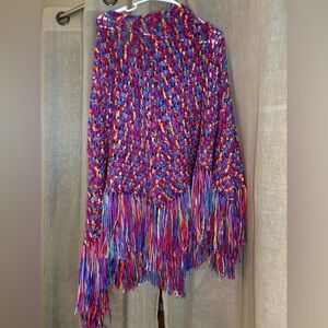 Multicolor Knit Poncho with Fringe